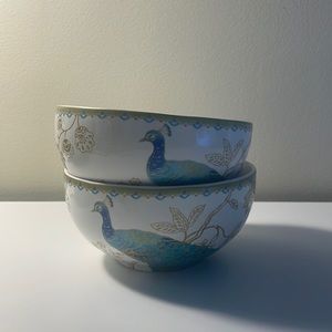 Set of 2; 222 Fifth Peacock Garden 5.5” Cereal Soup Bowls Fine China